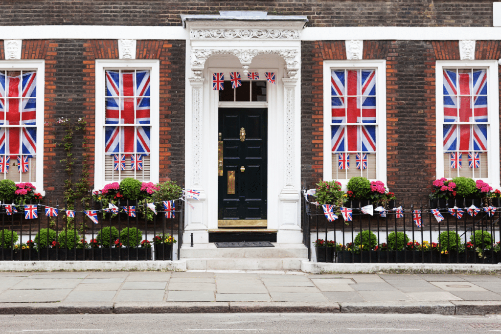 House decorated with UK flags